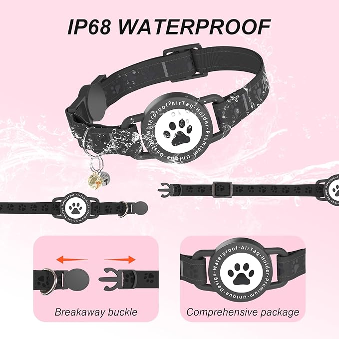 GPS Tracker for Cats, Waterproof GPS Cat Trackers Cats Collar with Bells, No Subscription, GPS Cat Collar, Adapt with Apple Find My (iOS Only) Finder Tag for Items Vehicles, Pets, Kids (Black)