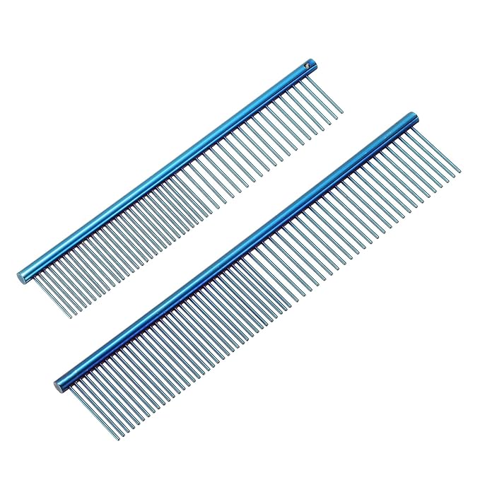 Dog Cat Comb, Pet Combs Stainless Steel Teeth with Rounded Ends for Knots Mats Loose Hair Removal, 6.5/7.5IN (Blue Plated, 2 Pack), Grooming Tool Intended for Long Curly Hair Pet