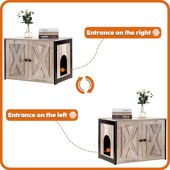 Dwanton Litter Box Enclosure, Cat Litter Box Furniture Hidden, Reversible Entrance Can Be on Left or Right Side, Wooden Cat Washroom Indoor, Greige, 27.6 Inches