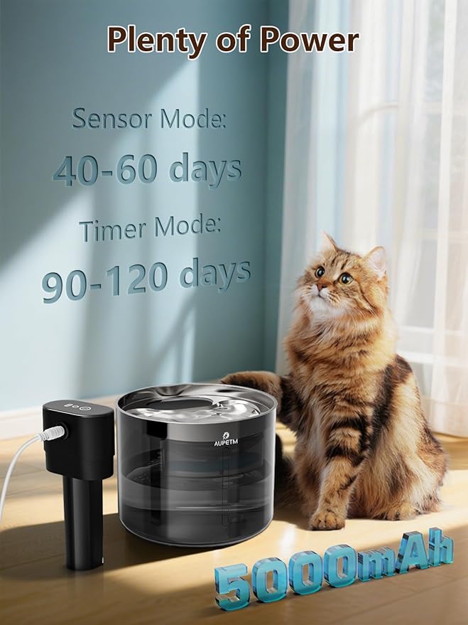 Cat Water Fountain Wireless Pet Fountain with Stainless Steel Tray, 45+ Day Battery, Motion Sensor & Timer, Cat/Dog Water Bowl Dispenser, Ultra Quiet 6-Stage Filtration (Round)