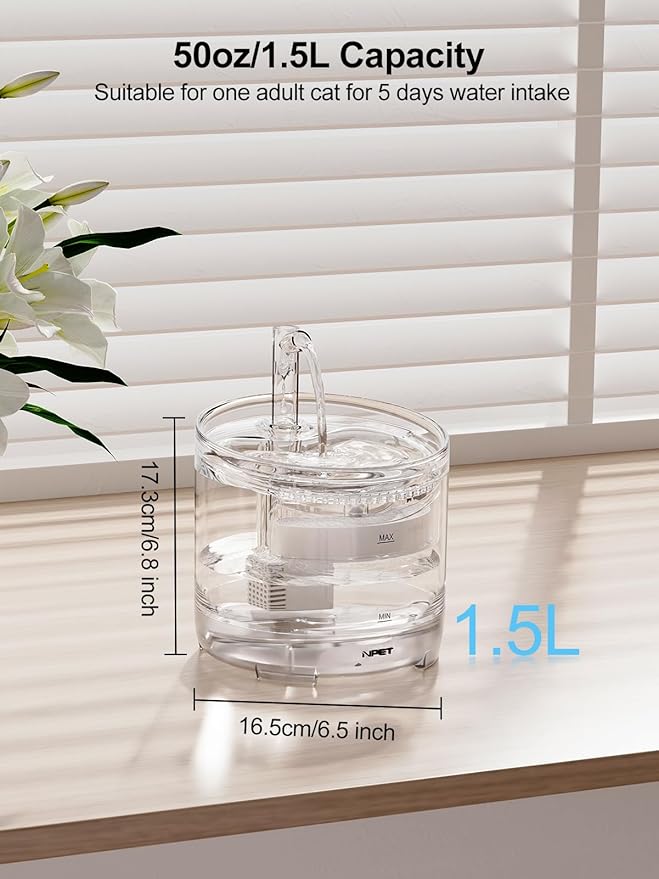 NPET WF050 Cat Water Fountain, Dog Water Dispenser, 1.5L Super Quiet Automatic Pet Drinking Fountain with Faucet Kit