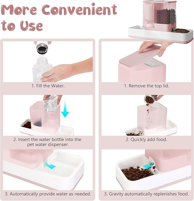 Automatic Cat Feeder and Water Dispenser, 2 in 1 Gravity Pet Food Feeder and Water Dispenser Detachable Cat Food Dispenser for Small Dogs and Cats, Pink