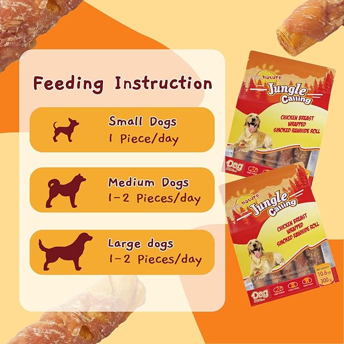Jungle Calling Dog Treats Smoked Chicken Wrapped Rawhide Rolls, High Protein Dog Chews, Rawhide Chews for Medium and Large Dogs, 10.6 Oz, About 10 Count