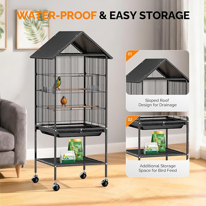 VINGLI Bird Cage with Wheels, 50 inch Wrought Iron Cage with Spire Roof, Bird Cages with Rolling Stand for Parrots, Cockatiels, Budgies, Lovebirds, Small/Medium Birds (50" H with Spire Roof)