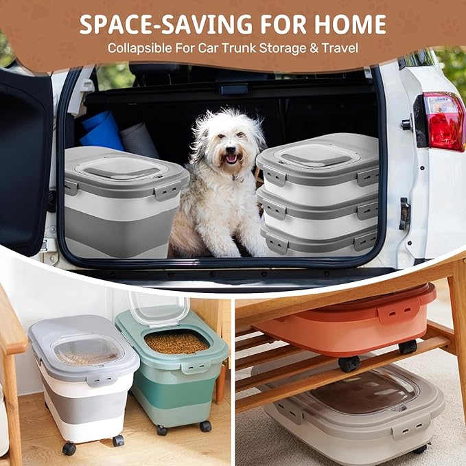 Dog Food Storage Container Up to 2pack*20LB,Collapsible Dog Food Container with Travel Silicone Bowl and Scoop for Dog/Cat/Bird Food/Cat litter,Keep Dry Food Fresh,Easy to Move.