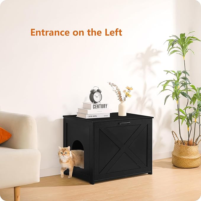 Dwanton Cat Litter Box Furniture Hidden, Cat Litter Box Enclosure, Reversible Entrance Can Be on Left or Right Side, Indoor Cabinet, Wooden Washroom, End Table, Nightstand, Black, 27.6" L