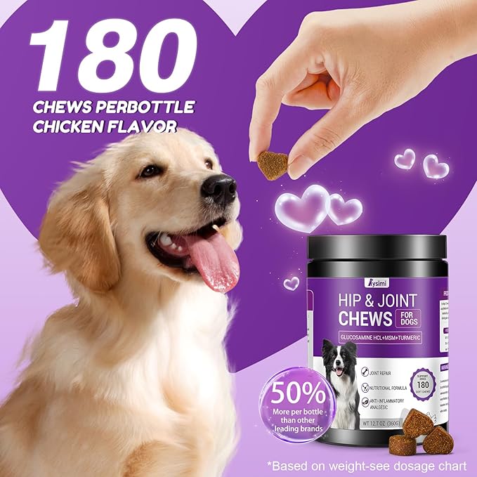 Hip and Joint Supplement Dogs, Glucosamine Chondroitin Joint Supplement for Dogs, Joint Chews for Dog Joint Pain Relief 180 Ct Chicken Flavored Fit All Breed