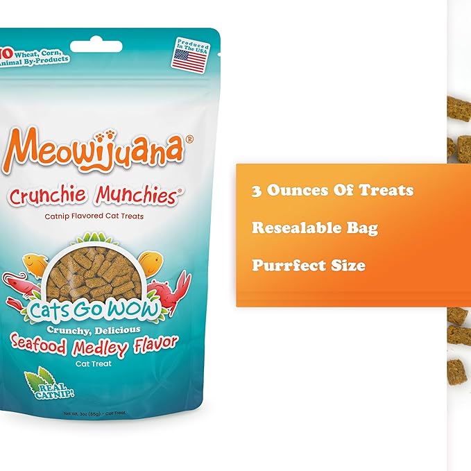 Meowijuana Crunchie Munchie Catnip Treats | Seafood Medley | Made with Organic Catnip | Produced in The USA | Low Calorie Cat Snack