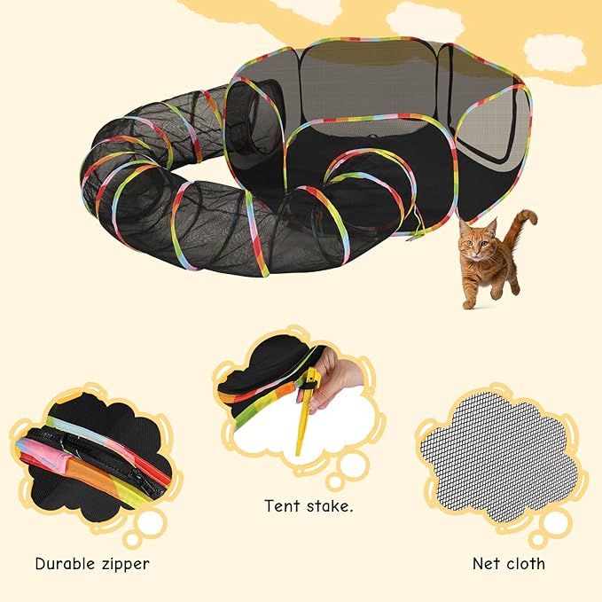 VINGLI Cat Tunnel, Outdoor Cat Enclosure, Large Catio, Outdoor Tunnels for Kittens with Storage Bag (Multi-Color, 2 in 1)