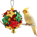 Interactive Bird Toy with Wooden Star Blocks & Leather Knots – Hanging Foraging Ball with Bell for Parrots, Cockatiels, Conures | Cage Climbing & Beak Exercise Toy