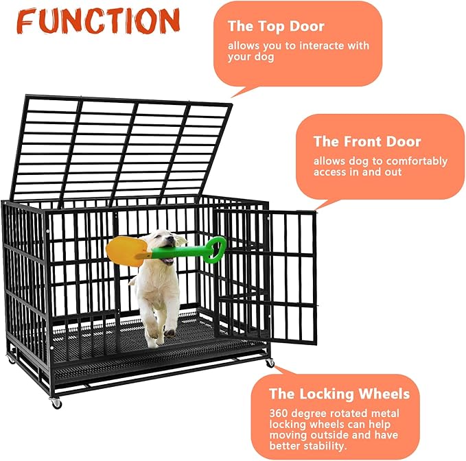LEMBERI 38 inch Heavy Duty Indestructible Dog Crate, Escape Proof Dog Cage Kennel with Lockable Wheels,High Anxiety Double Door Dog Crate,Extra Large Crate Indoor for Large Dog with Removable Tray