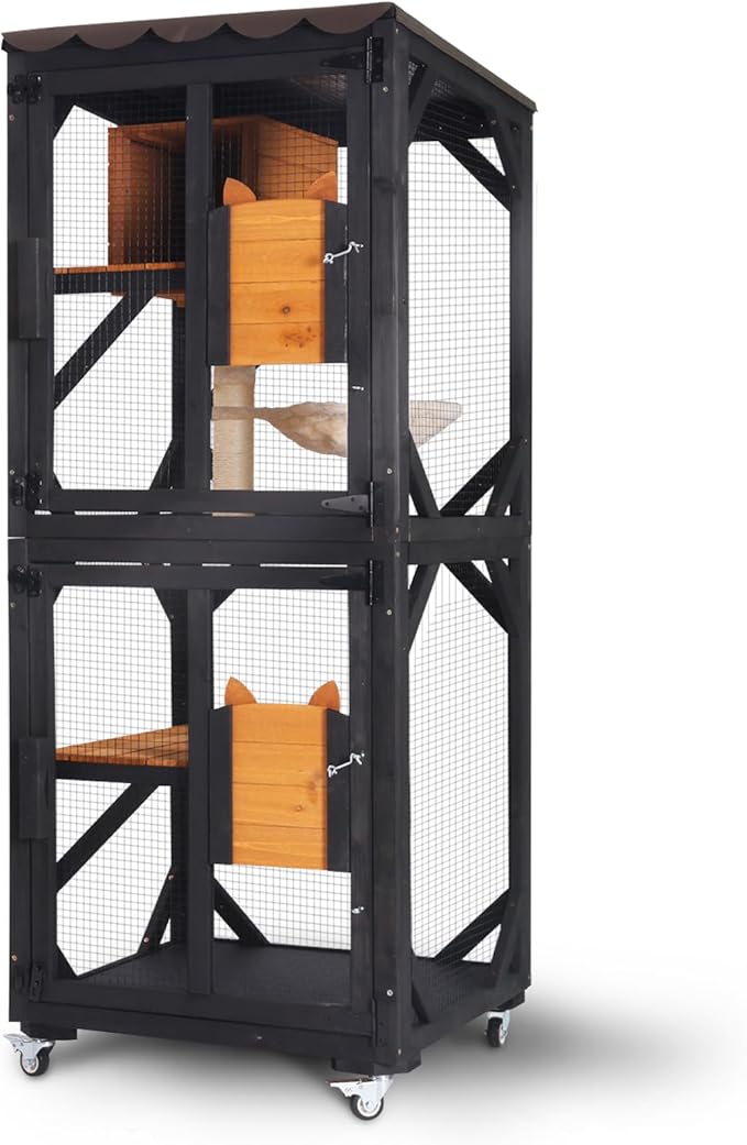 GUTINNEEN Catio Outdoor Cat Enclosure Mobile Cat House Indoor On Wheels with Scratch Post, Hammock, Resting Box, Platform, Tarp Roof 62.8", Black