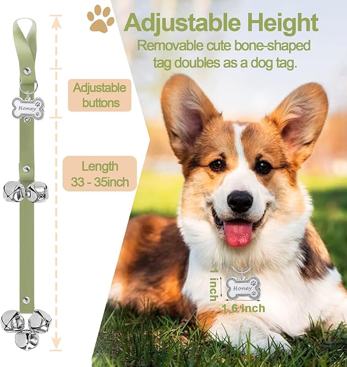 Leather Dog Bells, Puppy Potty Training Bell Dog Doorbell Potty Train Dog Bell for Potty Training Door Bells for Dogs to Ring to Go Outside Jingle Bells (Leather Green, Glitter Bone 1 PCS)