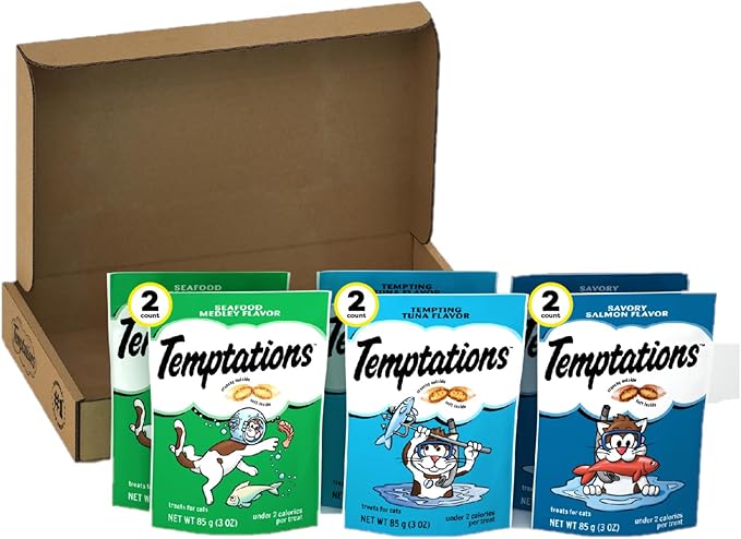 Temptations Cat Treats Classic Crunchy and Soft Seafood Lovers Variety Pack, 3 oz. Pouches (Pack of 6)