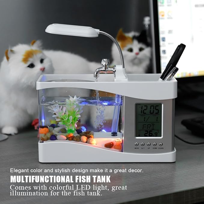 Multifunctional Mini Fish Tank, Desktop Fish Tank Aquarium USB Rechargeable Mini Fish Tank Aquarium Mini Fish Bowl with Clock Function LED Light (White)