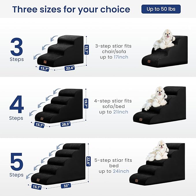 gogobunny Ramp Cat Dog Stairs for Beds, Cat Slope Stairs with Durable Waterproof Fabric Cover, Pet Steps for Old Large Dogs Climbing (Black, 5-Step (33" D x 15.7" W x 22.6" H), 5.0)