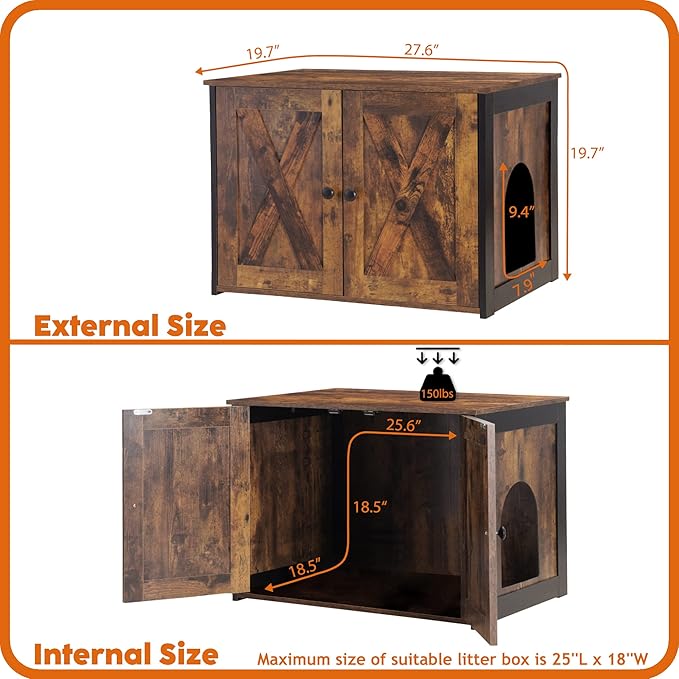 Dwanton Litter Box Enclosure, Cat Litter Box Furniture Hidden, Reversible Entrance Can Be on Left or Right Side, Wooden Cat Washroom Indoor, Rustic Brown, 27.6 Inches