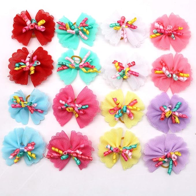 Sufermoe 32 Pcs Multicolored Dog Hair Bows with Rubber Bands, Hair Grooming Top Knots Pet Hair Accessories for Pet Cat Dog