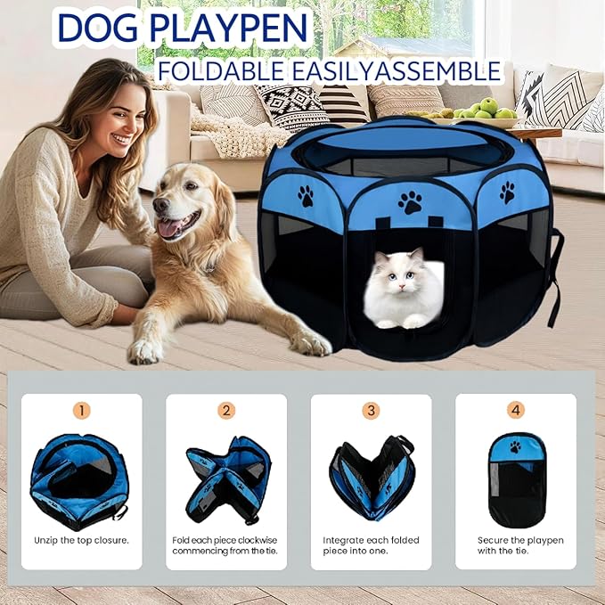 Dog Playpen,Puppy Pet Cat Playpen Indoor for Small Dogs Tent Crates Cage Indoor/Outdoor, Portable Pop Up Dog Kennel Playpen with for Dogs/Cats/Rabbits, Removable Zipper Top(Small Size, Blue)
