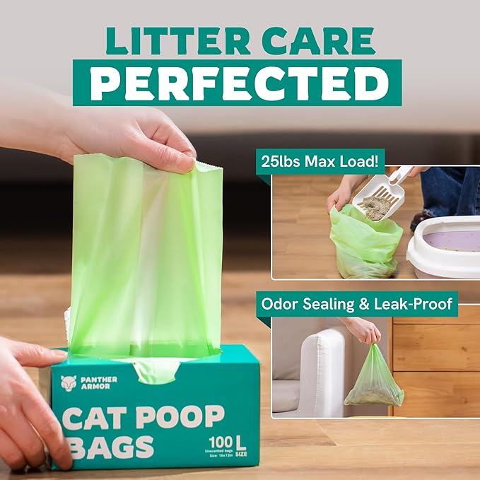 Panther Armor Litter Bags - 200x Unscented Compostable Cat Poop Bags 16x12in- Kitty Leak Proof Box Trash, Odor Proof Litter Disposal Bags