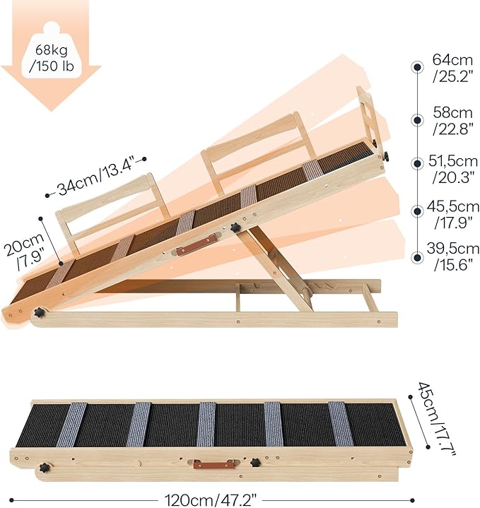 HOOBRO Dog Ramp for Bed, 47.2" Long Foldable Pet Ramp with Non-Slip Mat and Side Rails, Wooden Dog Ramp for High Beds, Couch and Car, 5 Height Adjustable from 15.6" to 25.2", Natural, NB42PT03