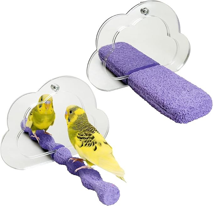 PINVNBY 2 PCS Bird Mirror with Perch Resin Parakeet Perches Hanging Parrot Toys Interactive Bird Cage Accessories for Cockatiel Conure Lovebird Finch (Purple)