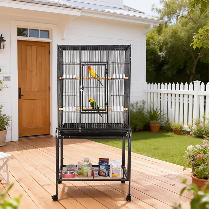 53 Inch Bird Cage with Wooden Perches, Standing Wrought Iron Birdcage Large Parrot Flight Bird Cage with Rolling Stand Birdcages for Cockatiels African Grey Quaker Lovebird Canary Budgie Finch Black