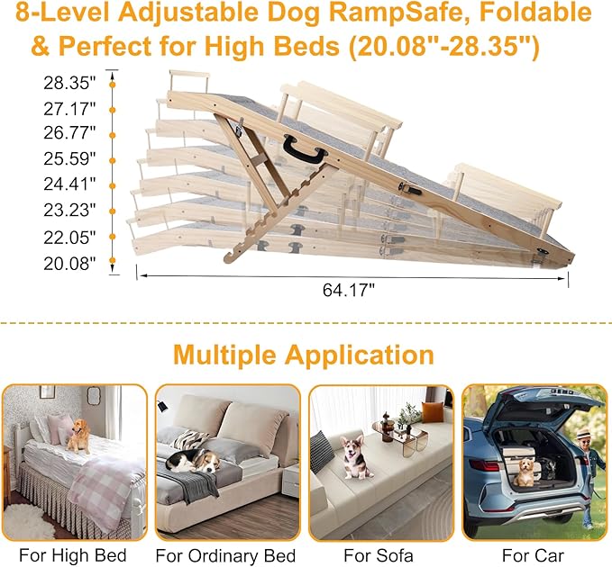 Dog Ramp for Bed, Couch & Car – Adjustable Foldable Pet Ramp, 64.17" Long, 17.72" Wide, Non-Slip Surface with Safety Rails, 8 Heights 20.08"-28.35", Supports 220 lbs, Solid Wood (Wood, 17.72)