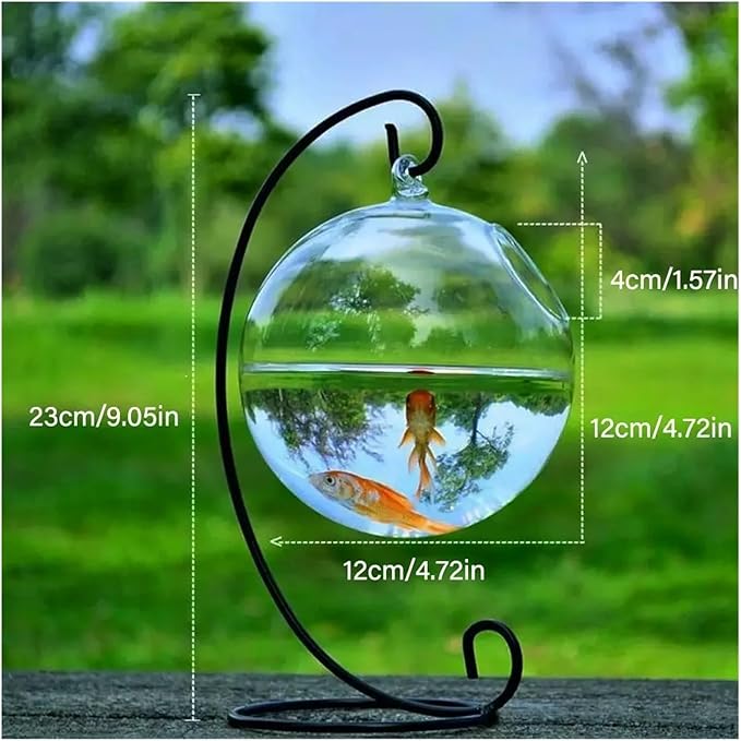 Transparent Hanging Glass Aquarium Fish Tank Bowl - Stylish Round/Rectangle Shape with Rack Holder for Home Decoration(Black-02)