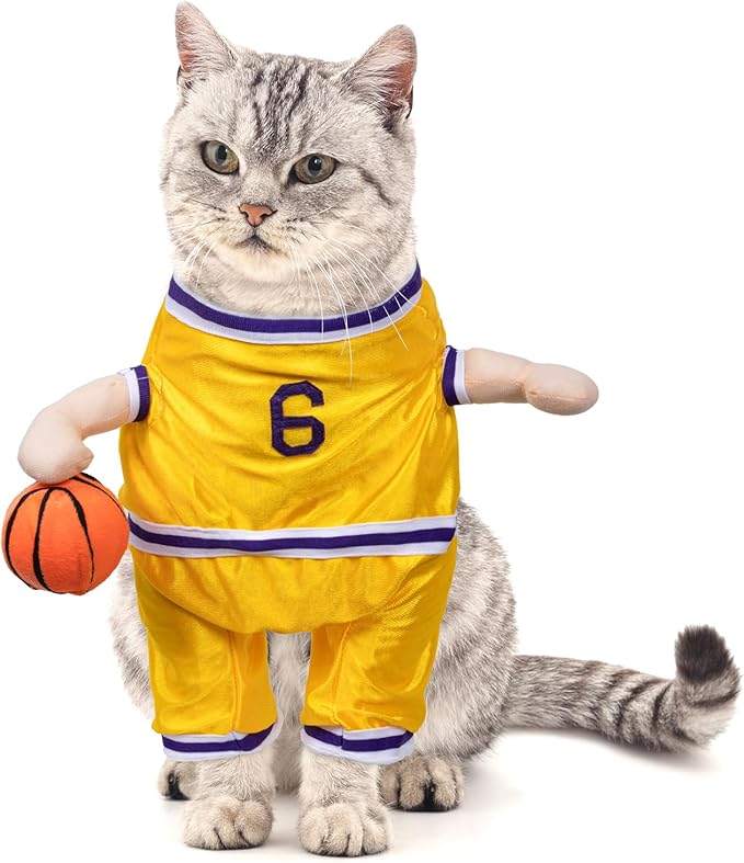 DELIFUR Dog Basketball Player Costume - Pet Halloween Costume Adjustable Funny Dress Up Sports Outfit Cosplay Clothes for Large Cats and Small Dogs (Yellow Basketball, X-Small)