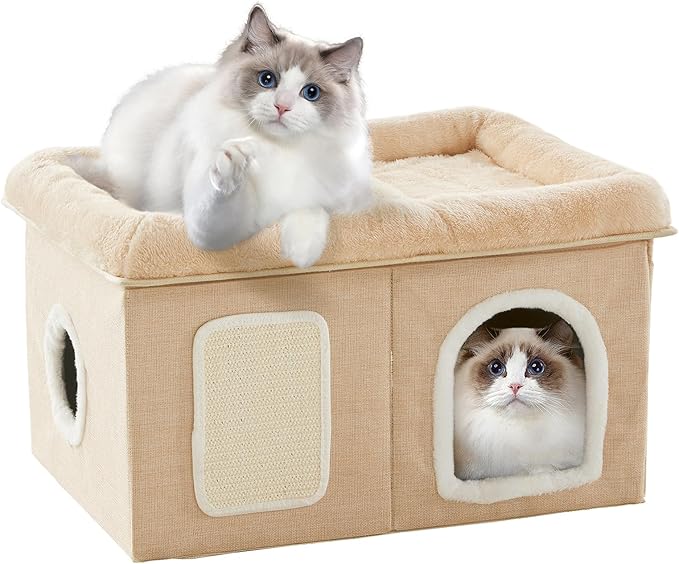 WINDRACING Cat Beds for Indoor Cats - Extra Wide Cat House for Pet and Foldable Cat Cave Bed with Scratch Pad, Cat Hideaway Condo for Kitten, 24.4x16.9x14.2 inches, Beige
