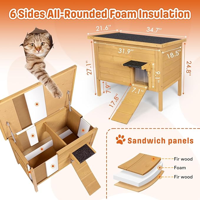 BRIOPAWS Feral-Outdoor-Cat-House-Insulated | Outside-Cat-Shelter for Winter | Weatherproof | Large Wooden Pet House for Multiple Cats | Foldable Ladder | Acrylic Side Window | Brown