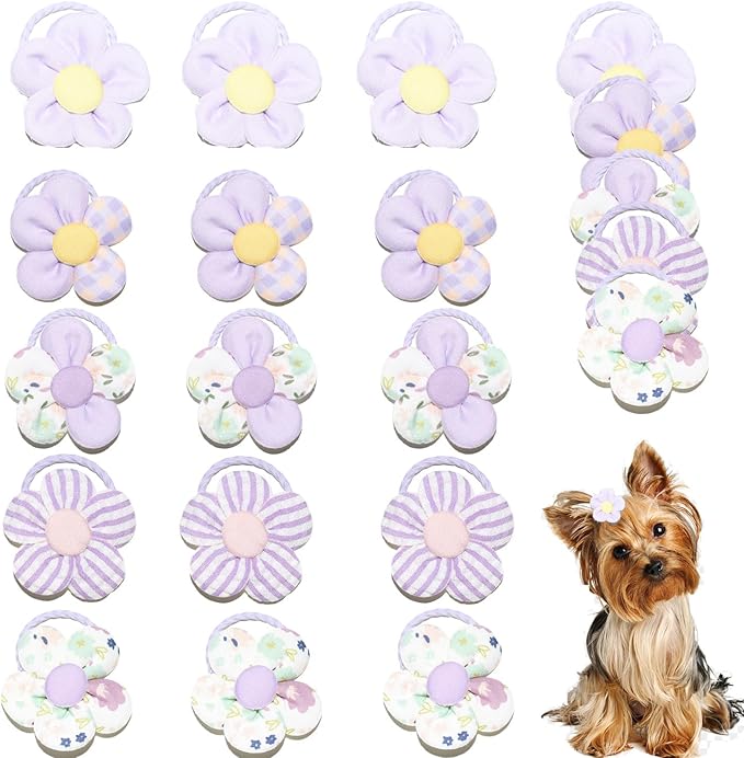 20 Pcs Handmade Cute Puppy Hair Bows, Flower Bowknot with Rubber Bands for Small Dog Hair Ties Accessories Sweet Purple