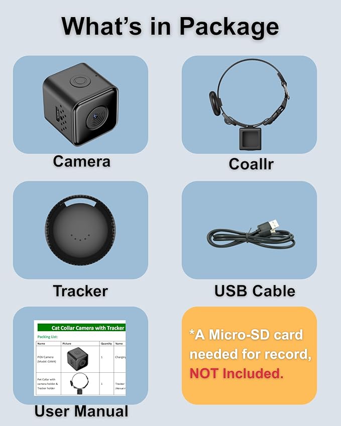 Cat Camera Collar with Tracker Tag, 1080P HD Video Recording Pet POV Cam, NO WiFi NO APP, Body Camera for Cat/Dog Tracking — Lightweight, Night Vision, Easy Playback