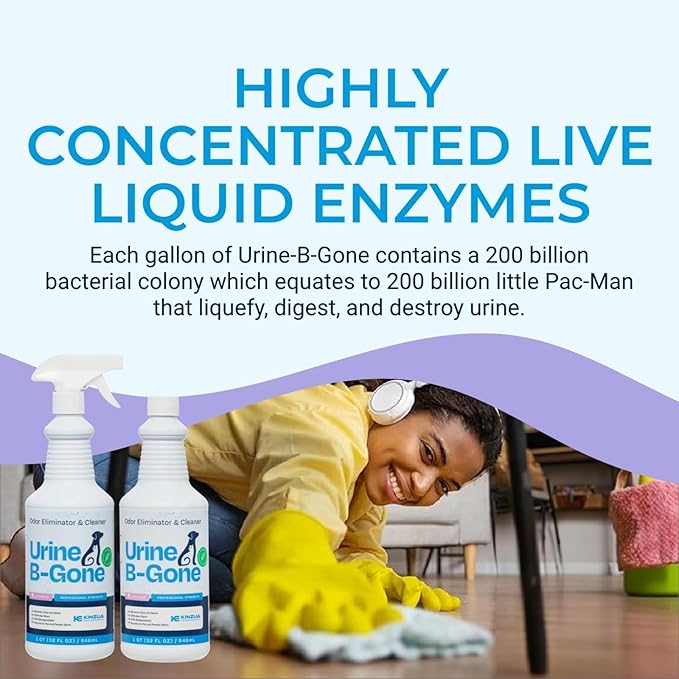 Urine B-Gone, Professional Enzyme Odor Eliminator & Pet Stain Remover, Human, Cat & Dog Urine Cleaner, Effective on Laundry, Carpets & More, Lavender Scent, 32oz, Pack of Two