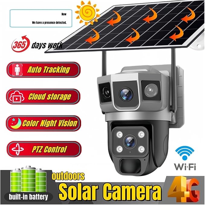 for Outdoor Camera Battery CCTV Monitor 4G SIM Card Network IP Security Pet Camera Motion Detection 3 Screen PTZ Camera(4G CCTV 64G Card)