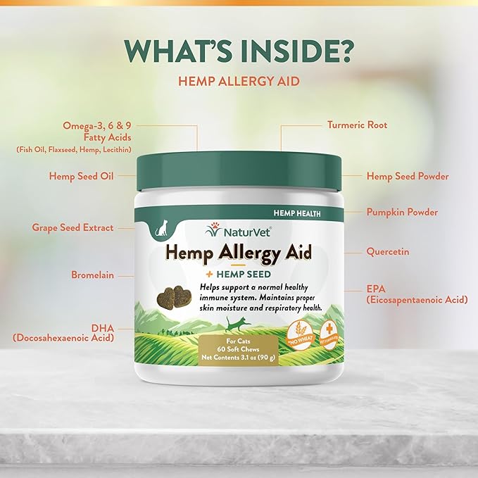 NaturVet Hemp Allergy Aid Plus Hemp Seed Soft Chews for Cats, 60 ct, Made in The USA