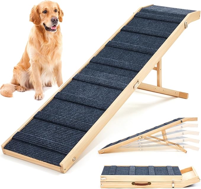 Foldable Dog Ramp for Bed/Couch/Car, 75'' Extra Long Wood Ramp with Anti-Slip Carpet, Gentle Long Slope, Top Landing Platform, 5 Adjustable Heights, Up to 200 Lbs, Ideal for Older and Larger Dogs