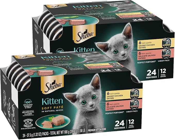 Sheba Perfect Portions Kitten Wet Food, Pate Cat Food Wet Entree, Chicken Recipe and Salmon Recipe, 2.6 oz. Twin-Pack Trays (12 Count, 24 Servings) (Pack of 2)