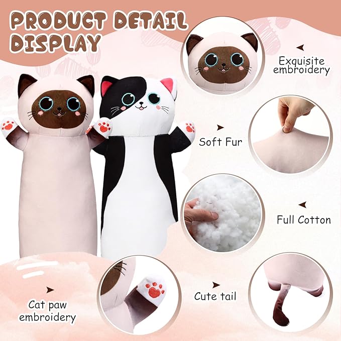 2 Pcs Large Kitty Shaped Pillows for Dogs and Cats Pet Plush Gifts Long Body Stuffed Animal Sleeping Pillows for Medium Large Sized(Cute,Brown,White)