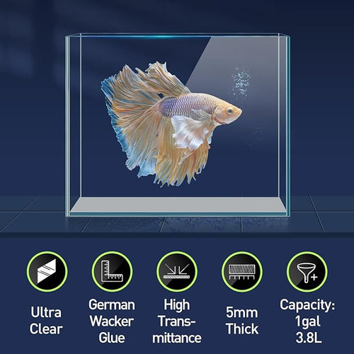 1 Gallon Fish Tank Starter Kit with Fish Net, 1 Water Changer Siphons & 2 Cleaning Cloth, Crystal Clear Glass Fish Tank, Small Fish Tank/Aquarium for Betta & Goldfish, Nice Home Décor