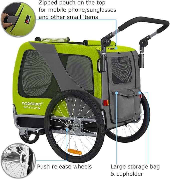 DOGGYHUT® Premium Large/XL Pet Bike Trailer & Stroller for Large Sized Dog or Multiple Small Dogs,Low Center of Gravity,Parking Brakes,Easy Folding Frame,Bicycle Carrier