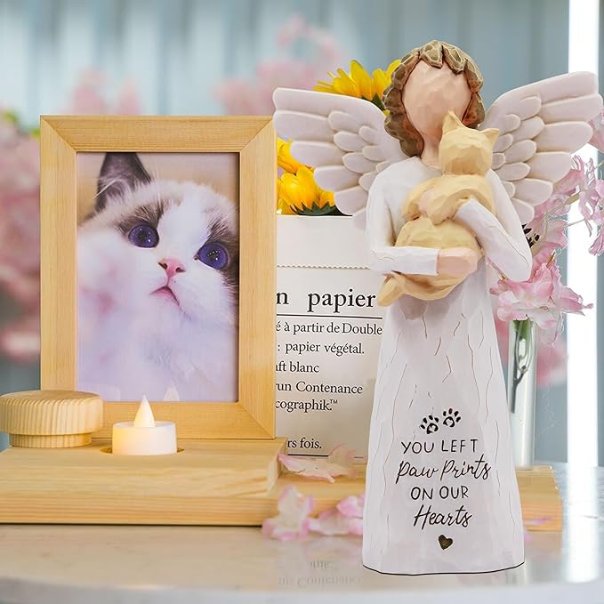 BORLESTA Loss of Cat Sympathy Gift, Cat Memorial Gifts for Loss of Cat, Passed Away Cat Gifts, Pet Memorial, Cat Mom, Hand-Painted Figurines Angel Cat (Yellow)