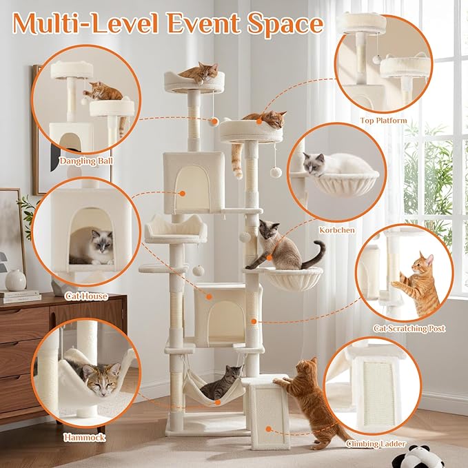 Sweetcrispy Cat Tree 75 Inch, Large Multi-Level Tall Cat Tree Tower with Condo, Perches, Sisal Scratching Posts Board and Hammock, Pet Play House with Dangling Balls for Indoor Cats, Beige
