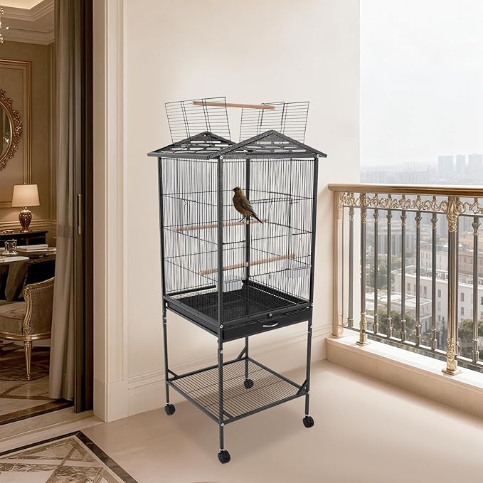 Bird Cage with Wheels, Breeding Cage Wrought Iron Flight Cage with Wooden Stand, Removable Tray & Feeding Bowls for Parrots, Canaries, Lovebirds Finches, 18" L x 18" W x 54" H