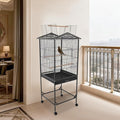 54 Inch Metal Bird Cage, Interactive Double-Door Open Top Bird Cage with 4 Feeding Windows Tray, Lockable Wheels Mobile Pet Birdcage for Parrots, Budgerigars, Parakeets, Lovebirds(Black)