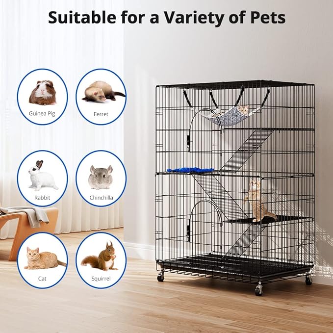 PawGiant 4-Tier Large Cat Cage Playpen, 51-inch Indoor/Outdoor Enclosure with 2 Doors, Hammock, Suitable for Cats, Kittens, and Small Animals
