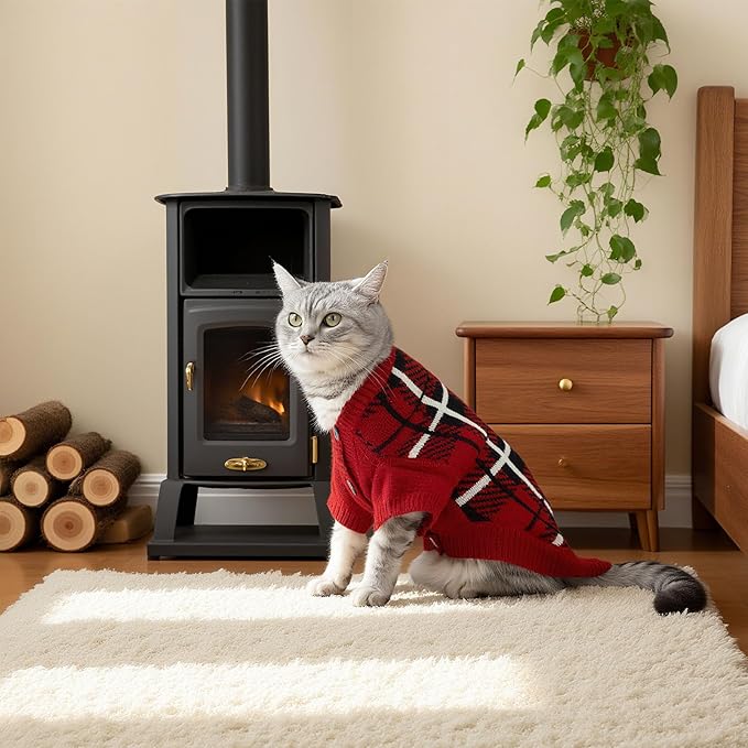 EXPAWLORER Cat Sweater Cardigan - Stylish Knit Cat Clothes, Plaid British Style Soft Puppy Sweater with Sleeve, Warm Pet Clothing Knitwear, Fall Winter Kitten Coat for Girl Boy Cats, Red S