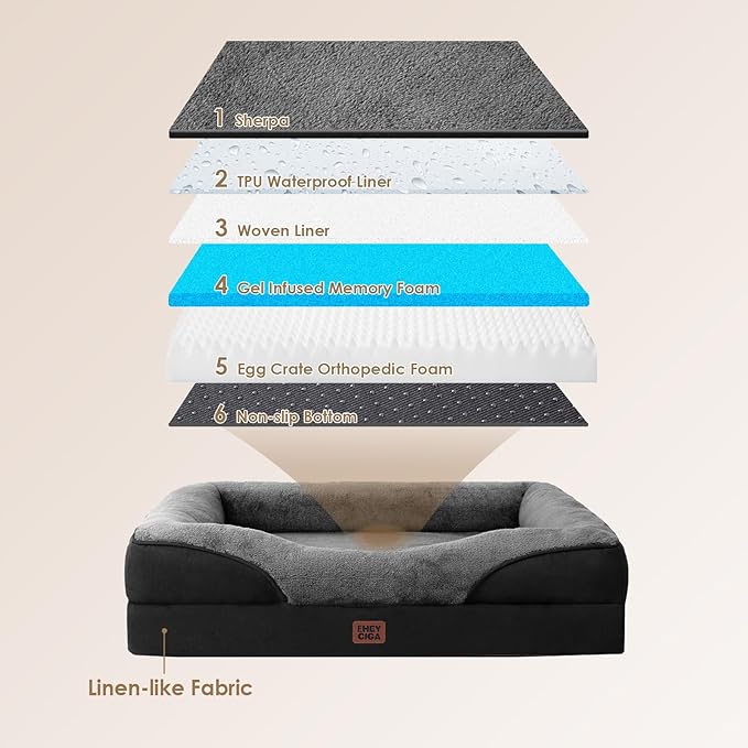 EHEYCIGA Orthopedic XL Dog Bed for Large Sized Dog, 48x35x7.5 Inch Extra Large Memory Foam Dog Couch Bed with Sides, Waterproof Liner & Washable Removable Cover, Bolster Pet Sofa, Grey/Black