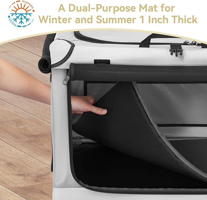 PETSFIT Portable Dog Crate for Medium Large Dogs, – 36" Soft Dog Travel Crates with Lockable Zippers & Thicken Mat, Adjustable Patented Spiral Steel Frame, Collapsible Kennel for Indoor & Outdoor